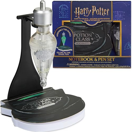 Harry Potter Notizbuch & Kugelschreiber Set, Kessel-Notizbuch & Glow-in-the-Dark Stift Zaubertrank-Flaschenform mit Ständer, Hogwarts Schreibwaren (Schwarz Kessel)