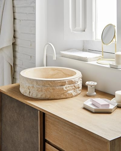 MG Valencia Waschbecken Aufsatzwaschbecken Marmor Cali BxTxH: 400x400x150 mm. Aufsatzwaschbecken Creme. Ohne hahnloch, Rund Form, Gerillten Außenseite, 100% Naturmarmor.