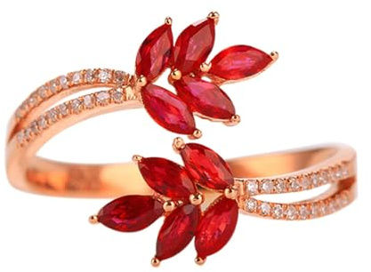 Lirzxin 925 Sterling Silber Ringe Damen, Frauen Ring Verlobung Offen Blatt Design 0.65ct Roter Labor Erstellt Rubin und Moissanit Freundschaftsringe Partnerringe Rosegold Gr. 61 (19.4)