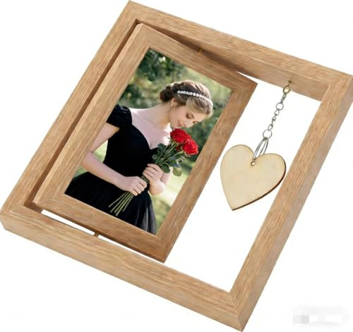 CXWFLM Bilderrahmen 10x15 cm in Holzoptik – Drehbarer Doppelseitiger Fotorahmen aus Holz mit Herzanhänger, Personalisierbarer DIY-Holzrahmen,Geburtstag oder Erntedankfest