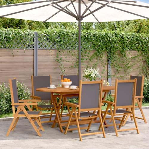 Tonture Gartenstuhl Verstellbar 6er Set, Anthrazit Stoff, Massivholz Akazie, Klappbar, Liegefunktion, Balkon, Terrasse, 110kg