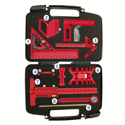 Kit di strumenti di misurazione, set di strumenti di misurazione per la lavorazione del legno con scatola di stoccaggio, righello per carpentiere, calibro per officina fai-da-te professionale (9 pezzi
