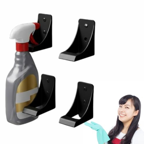 4 Pack Wall-Mounted Spray Bottle Holder – Heavy Duty Space-Saving Storage Hooks for Garage, Kitchen and Cleaning Accessories (Black)