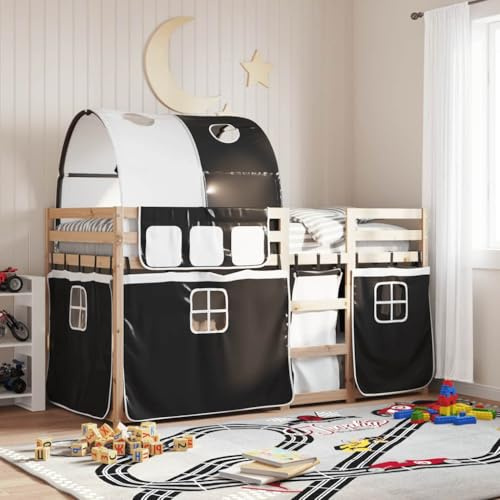 mzdioop Etagenbett mit Vorhängen Weiß Schwarz Kiefernholz 90x190 cm stabiles Kinderbett mit Rausfallschutz Leiter und 7-teiligem Vorhang-Set ideal für kleine Zimmer und Spielspaß