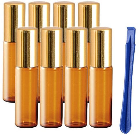 JamHooDirect 8Pcs, 5ml Glass Essential Oils Roller Bottles with Stainless Steel Roller Ball - Refillable with Lid Opener Pry Tool, Great for Aromatherapy, Perfumes and Lip Balms