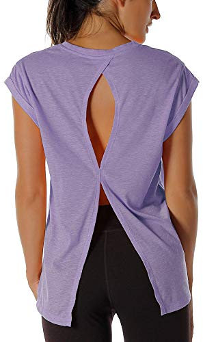 icyzone Damen Fitness-Trainings Kurzarm Shirt Yoga Top Loose Fit Rückenfrei Sport T-Shirt (S, Lavender)
