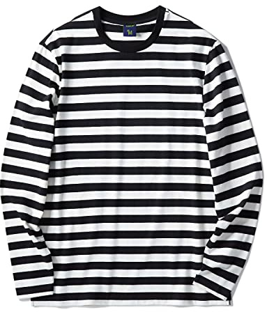 Zengjo Black and White Striped Shirt Men(L,Black&White Wide)