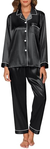 GAESHOW Pigiama Donna Estivo, Pigiama Donna Estivo in Raso con Bottoni, Pigiami Due Pezzi a Maniche Lunghe e Pantaloni Lunghi Morbido Comodo Set Pigiama S-XXL