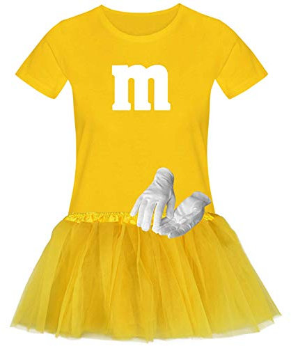 T-Shirt M&M + Tüllrock Karneval Gruppenkostüm Schokolinse 11 Farben Damen XS-3XL Fasching Verkleidung M's Fans Tanzgruppe, Gr.:L, Farbauswahl:gelb - Logo Weiss (+Handschuhe Weiss/Tütü gelb)