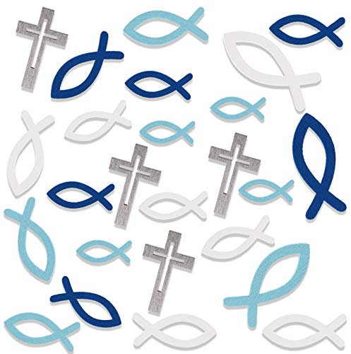 HOWAF 100pcs Holz Fische Kreuz Deko für Taufe Kommunion Konfirmation, Blau Fische Streudeko für Taufe Tischdeko, Fische Kreuz Junge Kommunion Dekoration