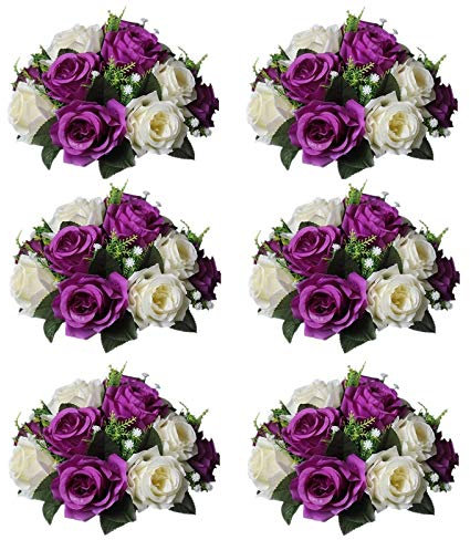 Sziqiqi Künstliche Seidenrosen für Hochzeit, Party, Geburtstag, Jahrestag, Blumenarrangement, Dekorationen, Lila & Weiß, 6 Stück