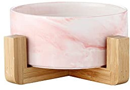 Bols pour chiens et chats en céramique relevés avec supports en bambou, bols relevés en céramique avec supports en bois (15,5 cm, marbre rose)
