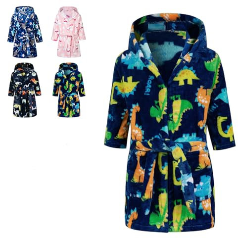 CROOUTN Bademantel Kinder mit Kapuze Blau Dinosaurier für Jungen Mädchen Bademäntel Morgenmantel kuschelig warmen und weichen Pyjamas Kleinkind Coral Fleece Hoodie Roben 2-3 Jahre