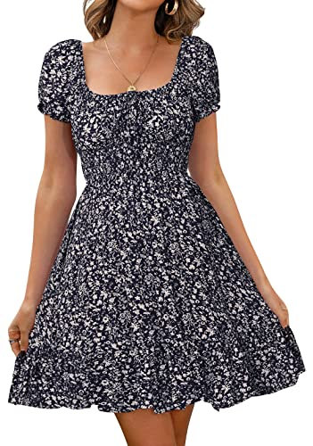 Livonmone Womens Summer Casual Sweetheart Neckline Puff Sleeve Floral Print High Waist Dress Boho Beach Mini Short Dresses (Navy, L)