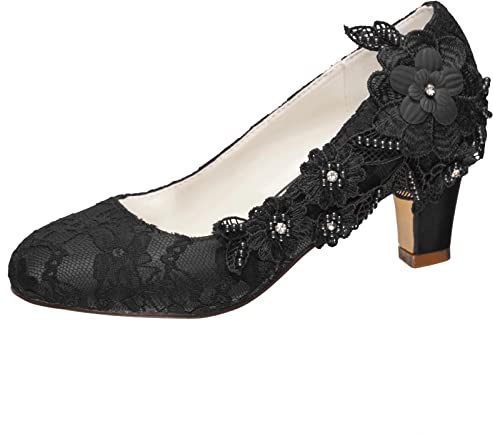 Emily Bridal Wedding Shoes Women's Silk Like Satin Chunky Heel Pumps with Stitching Lace Flower Crystal Pearl (EU37/UK4, Black)