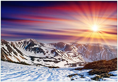 Wallario Vliestapete Fototapete Farbenfroher Sonnenuntergang im Winter - Schnee in den Bergen - Wandtapete Größe: 200 x 140 cm