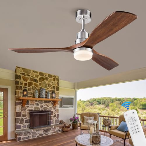 BOJUE Ventilador de Techo de 132 cm con Luz LED Regulable y Control Remoto, Aspas de Madera para Interior/Exterior, 3 Hojas, 6 Velocidades Silencioso, Ideal para Sala, Dormitorio, Patio y Oficina