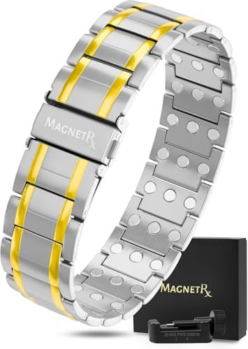 MagnetRX® Titan Magnetarmband für Herren mit dreifacher Stärke – Magnetbänder mit hochwertigem Faltverschluss und verstellbarer Länge mit Sizing Tool (Silber/Gold)