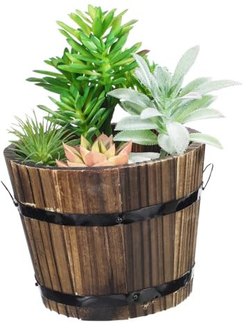 Healeved Maceta Redonda De Madera Maciza Estilo Barril para Decoración De Hogar Oficina y Jardín Boca Plana Macetero De Madera