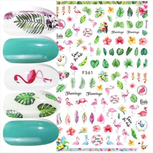 Nail Art Nail Art Decals Tropical Palms Leafs Frangipani Flowers Flamingo Back Glue Nail Sticker,F561