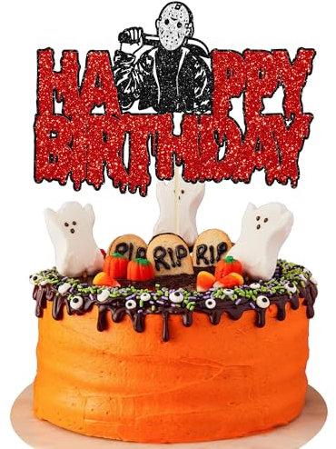 Gyufise 1Pc Horror Happy Birthday Cake Topper Glitter Horror Classic Halloween Birthday Cake Decoration for Bloody Horror Movie Halloween Theme Birthday Party Supplies