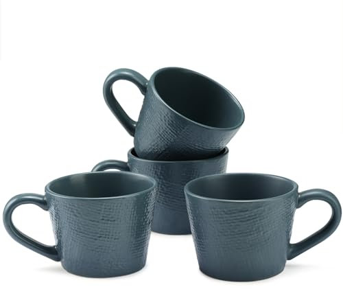 Navaris Tasse a cafe - Lot 4x tasse a the 350 ml en grès diamètre 10 cm avec poignée - Mug avec design tissé texturé pour café thé chocolat chaud boisson petit-déjeuner
