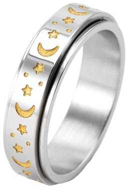 Edelstahl Ring Männer, Herren Ringe Silber Gold Sternmond Drehbar Ringe für Herren Männer Größe 67 (21.3)