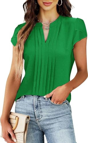 Teesho Damen Bluse Kurzarm Elegant Hemdbluse V-Ausschnitt Plissee vorne Arbeit Sommer Oberteile Shirts Tunika Hemd Tops (grün/XL)