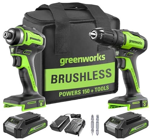 Greenworks - 24V brushless Cordless Drill and Impact Driver, Power Tool Combo kit Included 1/2 Drill and hex Impact Driver