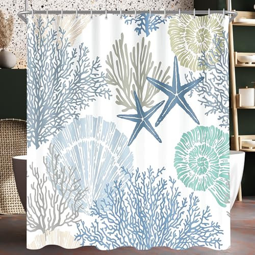 Lerores Rideau de douche 180 x 180 cm, textile anti-moisissure, motif algues sous-marines, ourlet lesté, imperméable, lavable, en polyester, avec 12 œillets et anneaux de rideau de douche, pour salle