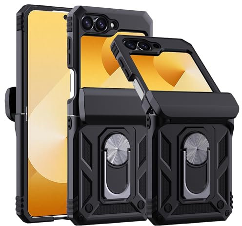 Anoowkoa per Cover Samsung Galaxy Z Flip 7 FE/Flip 6 con 360°Rotante Anello Magnetica Supporto Custodia Antiurto Grado Militare Protezione Fotocamera di SiliconeSlidable, Nero