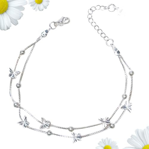 PIWOSGOL Armband Silber 925 Damen, Schmetterlinge Armbänder Damen mit Geschenkbox, Armkette Damen Silber Verstellbare Layered, Geburtstag Muttertag Weihnachten Geschenk für Mama Ehefrau Freundin