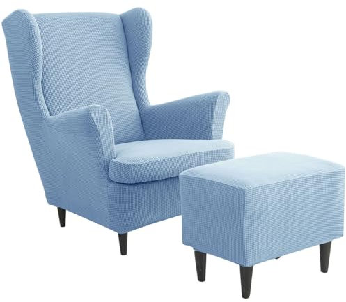 CLGTY 2 Teilig Ohrensessel Überzug Mit Hockerbezug Kariert, Stretch Ohrensesselbezüge Mit Ottomane Schonbezug Abnehmbar Ohrensessel Schonbezuge Waschbar-blau-3 Stück