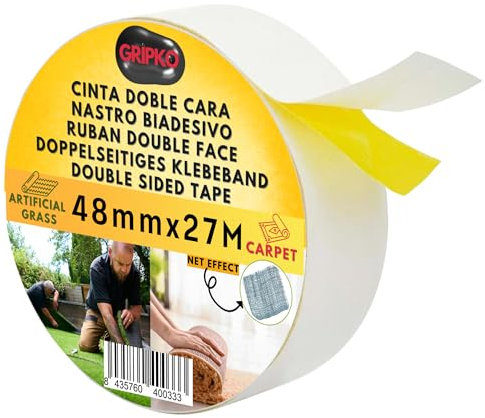 Gripko - Cinta Doble Cara Fina Extrafuerte 27m x 48mm Alfombras y Césped Artificial – Moquetas - Adhesivo Reforzado, Amarillo, para Uso Interior y Exterior - Sin Residuos