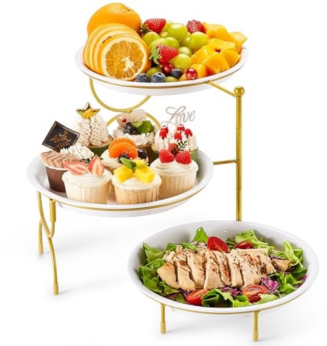 Lifewit 3 Tier Serving Tray, Round Plastic Server Platters, White Reusable Food Trays with Display Stand for Buffets, Cupcake, Snack, Veggie, Fruit, Cookies, Dessert, Dishes, Party Supplies