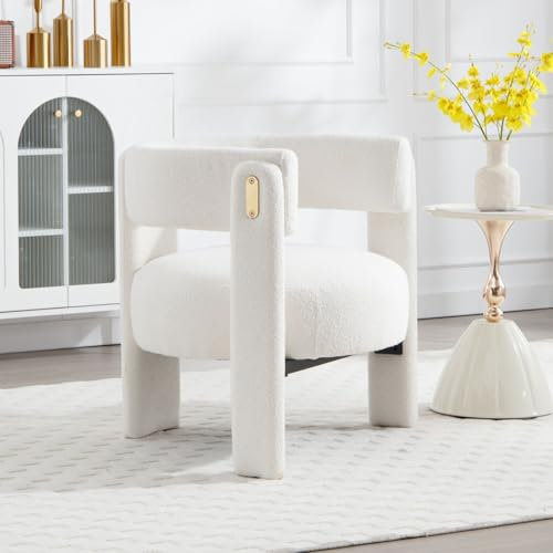 chairus Fauteuil Salon Confortable Chaise Rembourrée en Fausse Fourrure Fauteuil Scandinave Chaise Coiffeuse avec Pied en Bois, Blanc