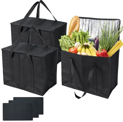 3 Bolsas de la Compra Reutilizables Aisladas, 40 L Térmicas para Entrega de Alimentos con Asas y Placas Inferiores para Catering (43 x 26 x 33 cm), Hierro, Vida