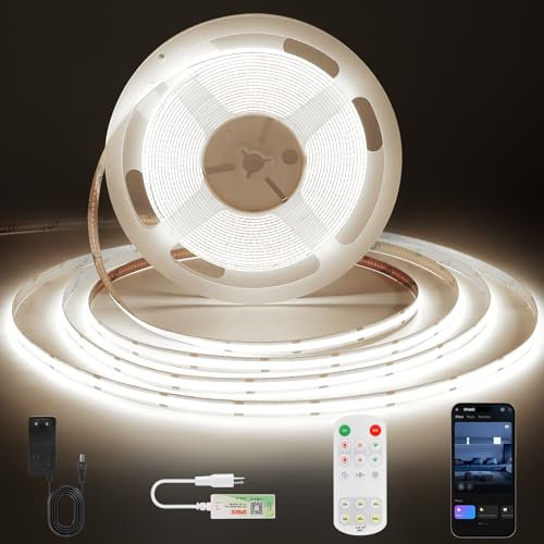 Striscia LED COB Bianco Naturale, Striscia LED Dimmerabile con Smart App e Telecomando, Funzione Timer, Larghezza 8 mm, Striscia LED 5 Metri per Camera da Letto, Parete, Cucina, Soggiorno, 4000K