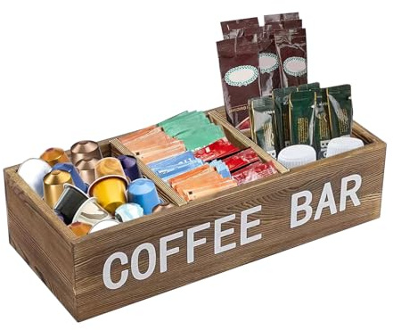 MEETOZ Wooden Storage Desktop Basket with Dividers 3-compartment Adjustiable Coffee Bar Station Organiser Box Kitchen Decorative Basket for Napkin, Coffee Capsules, Sweetener, Condiments