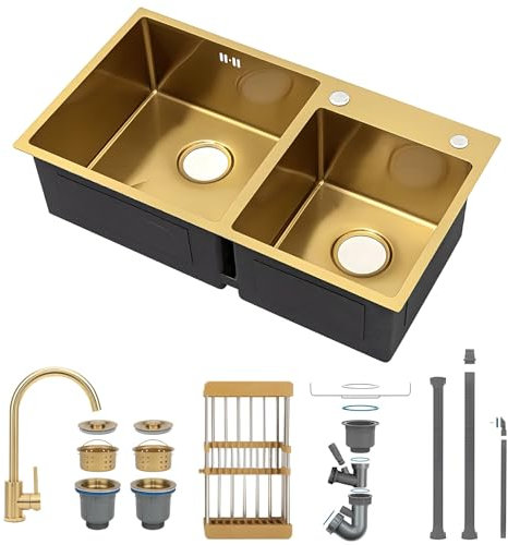 75x40cm Fregadero doble de acero inoxidable oro, filtro de residuos, Fregadero Bajo/Encimera/Enrasado con Juego Desagü, Con Grifo, Con cesta de drenaje retráctil Fácil De Limpiar