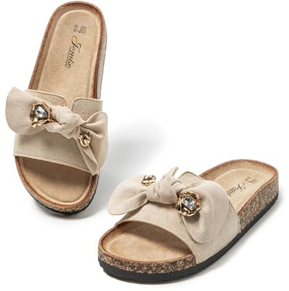 JOMIX Sandales Femme avec Nœud Respirantes Claquettes Été Mode Tong Confortable Bout Ouvert Mule été pour la Piscine Douche Plage(Beige,37)