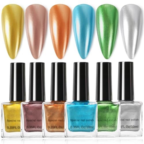 Metallic Nail Polish - 6 Colors Nail Varnish Sets - Semi-Mirror Effect Chrome Nail Polish - Long Lasting Nail Varnish Quick Dry - Metallic Sparkle Nail Art Polish Gift Set For Women Girls