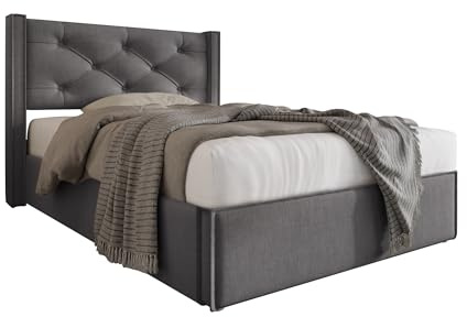 SogesPower Einzelbett 90x200 cm Grau mit hydraulischem Stauraum Retro Design gepolstertes Kopfteil Kiefernholz-Lattenrost staubdichtes Oxford-Tuch