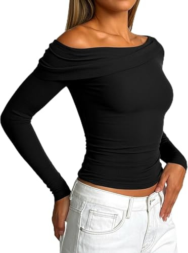 Coloquin Women Long Sleeve Off The Shoulder Tops Knit Bardot Sweater Cute Y2k Clubbing Going Out Tops