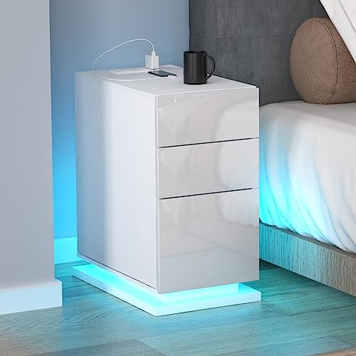 EXSELTMAN Nachttisch Schmal Led, 50x30x63 cm, Nachtschrank led, Nachttisch 30 cm breit, 2 AC Steckdosen, 2 USB Anschlüsse, Modern Minimalistisch für Schlafzimmer Wohnzimmer
