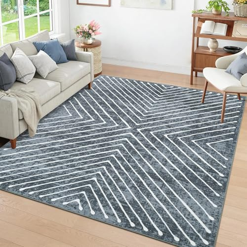 LuxFocus Waschbarer Teppich 120x170 cm Symmetrischem Linien Dunkelgrau | ca. 6mm Ultradünn, moderner Kurzflor-Teppich für Wohnzimmer Schlafzimmer Kinderzimmer, rutschfest, pflegeleicht, faltbar