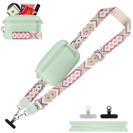 YFWE Handy-Gurt mit Geldbörse Crossbody | Abnehmbare RFID Blocking Armband Geldbörse | Universal Handy Lanyard mit 360° Drehbaren Clips für alle Smartphones (Grün Musterband - M)
