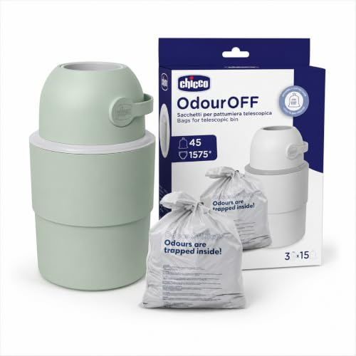 Chicco Telescopic Nappy Eater, Compact Odour Control, Nappy Disposal, Foldable Storage Basket, Space-Saving Basket, Green + 45 Odour Off Bags
