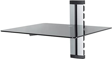 mahara Black Glass Floating Shelf - Single Tempered Glass Shelf Unit with Silver Cable Management - For TV,AV & Gaming - 38cm x 28cm - 10Kg Max