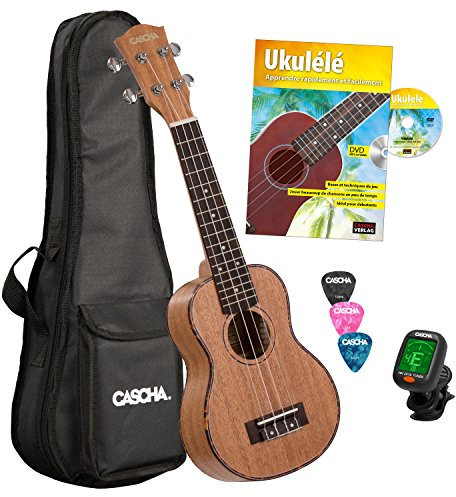 CASCHA HH 2027 FR Premium Mahagoni Sopran Ukulele Bundle mit französischer Ukulelenschule, Stimmgerät, gepolsterter Tasche, 3 Picks und Aquila Qualitäts-Saiten Braun